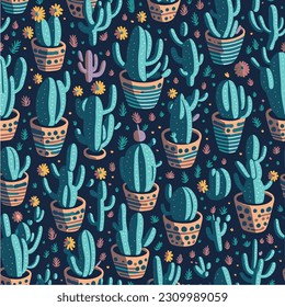 Cactus in cute pots seamless pattern. Simple cartoon plant vector illustration. 
