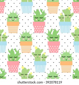 Cactus In Cute Pots Seamless Pattern On Polka Dots Background. Simple Cartoon Plant Vector Illustration. Child Drawing Style Cute Sleeping Cactus Background. Design For Fabric And Decor.