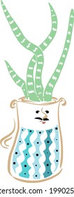 Cactus dad in a ceramic pot. A pot with eyes. Blue ornament. Vector graphics.