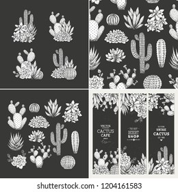 Cactus dark design kit. Sketchy style illustration. Banners, compositions, pattern. Succulent collection. 