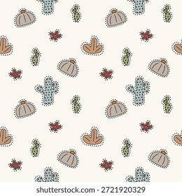 Cactos e traços de desenhos animados linha tão bonito. No fundo da flor. Ilustração de vetor uniforme de padrão. 