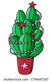 Cactus decorated with New Year's garlands. White background, isolator. Cartoon style. Stock illustration.