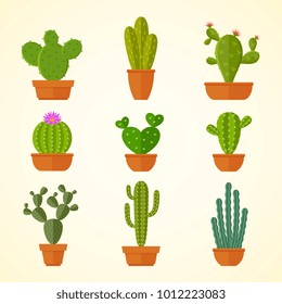 Cactus decorative home plant in pots flat vector icons. Cactus flora flower, flowerpot green and houseplant illustration