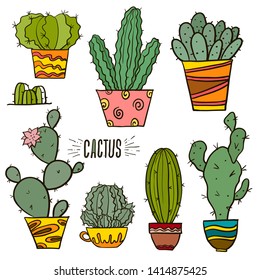 Cactus decorative home plant in pots vector icons. Cactus flower flower, flower pot green and houseplant illustration on white