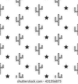 Cactus desert black and white seamless pattern. Cacti and stars monochrome background. Fabric print design. Striped cactus Swedish textile surface.