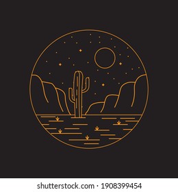 Cactus desert camping nature adventure in the night wild line badge patch pin graphic illustration vector art t-shirt design