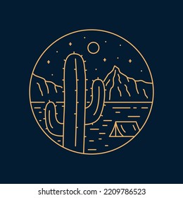 Cactus desert camping nature adventure in the night wild line badge patch pin graphic illustration vector art t-shirt design