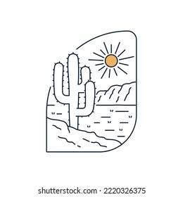 Cactus desert camping nature adventure in the night wild line badge patch pin graphic illustration vector art t-shirt design