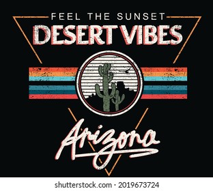 Cactus desert with colorful strip print design. Arizona traveling vector artwork for apparel and others.