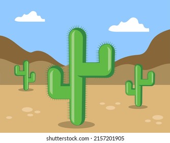 cactus in the desert, funny cartoon style, vector illustration