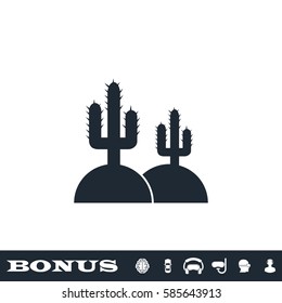 Cactus in desert icon flat. Black pictogram on white background. Vector illustration symbol and bonus button