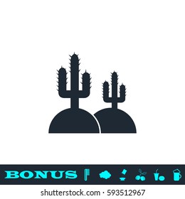 Cactus in desert icon flat. Black pictogram on white background. Vector illustration symbol and bonus button