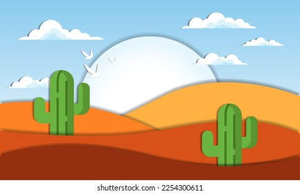Cactus in the desert landscape with paper art style vector illustration