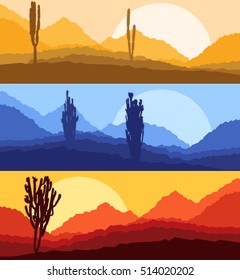Cactus desert landscape vector background set with sunset and sunrise