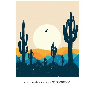 Cactus desert modern art wall frame painting deign. Desert adventure artwork for apparel and others.