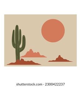 Cactus in desert. Plant on sunset background. Arizona landscape. Wild west symbol, western print or emblem. Hand drawn cartoon flat style isolated vector illustration