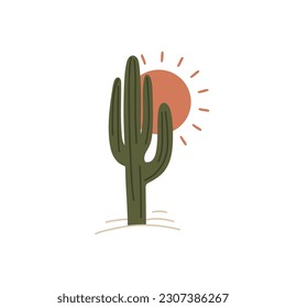 Cactus in desert. Plant on sunset background. Arizona landscape. Wild west symbol, western print or emblem. Hand drawn Cartoon flat style isolated vector illustration