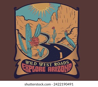 cactus desert road vector illustration, retro vintage western desert artwork for t shirt, poster, graphic print, cactus flower drawing, arizona road trip design