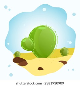 Cactus in the desert in the sand on a blue background with rocks. Gradient. Vector, plant, EPS10