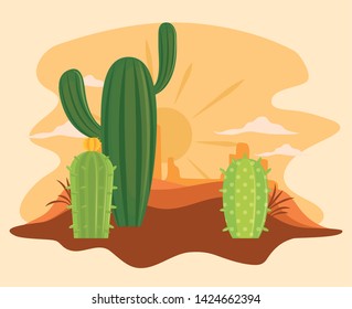 Cactus in desert scenery cartoon on beige background vector illustration graphic design