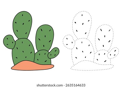 Cactus desert summer clip art illustration vector. Doodle cactus coloring pages for kids. Trace and color cactus. Desert cactus Coloring Pages. Fun summer desert plant worksheet for kids.