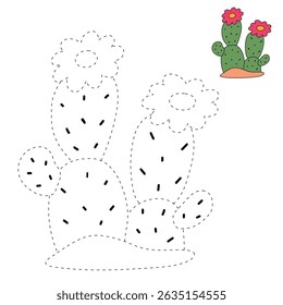 Cactus desert summer illustration. Doodle cactus coloring pages for kids. Trace and color cactus. Desert cactus Coloring Pages. Fun summer desert plant worksheet for kids.