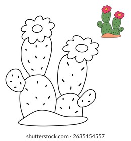 Cactus desert summer illustration. Doodle cactus coloring pages for kids. Trace and color cactus. Desert cactus Coloring Pages. Fun summer desert plant worksheet for kids.