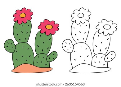 Cactus desert summer illustration. Doodle cactus coloring pages for kids. Trace and color cactus. Desert cactus Coloring Pages. Fun summer desert plant worksheet for kids.
