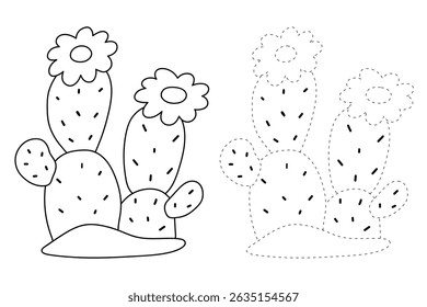 Cactus desert summer illustration. Doodle cactus coloring pages for kids. Trace and color cactus. Desert cactus Coloring Pages. Fun summer desert plant worksheet for kids.