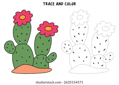 Cactus desert summer illustration. Doodle cactus coloring pages for kids. Trace and color cactus. Desert cactus Coloring Pages. Fun summer desert plant worksheet for kids.
