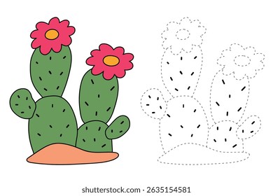 Cactus desert summer illustration. Doodle cactus coloring pages for kids. Trace and color cactus. Desert cactus Coloring Pages. Fun summer desert plant worksheet for kids.