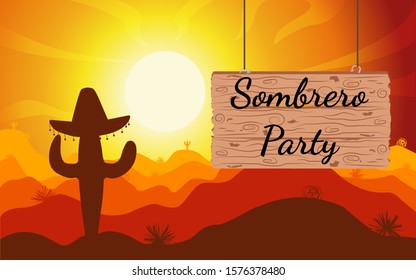 Cactus desert sunset. Scene with desert cactus plant with sombrero and weeds. Nearby is a wooden sign. Place for text, copy space. Sunset in desert. Vector Illustration. EPS 10