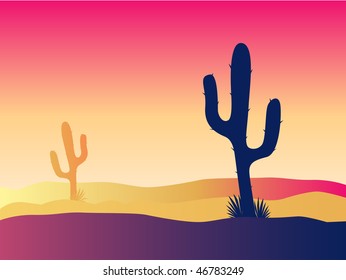 Cactus desert sunset. Scene with desert cactus plant and weeds. Sunset in desert. Vector Illustration.