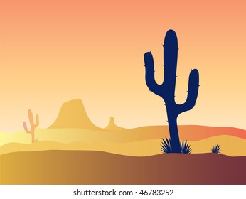 Cactus desert sunset. Scene with desert cactus plant and weeds. Sunset in desert. Vector Illustration.