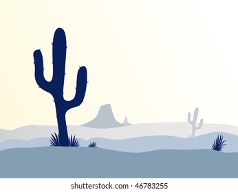 Cactus desert sunset. Scene with desert cactus plant, weeds and mountains. Sunset in desert in retro style. Vector Illustration.