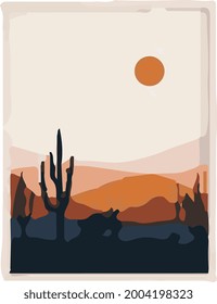 cactus in desert with sunset vector