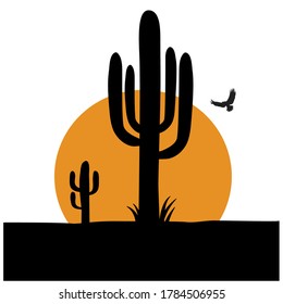 Cactus Desert symbol illustration. Vector American sunset Arizona desert logo Cactuses isolated on white.