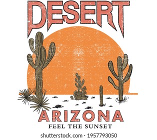 Cactus desert vector design for t-shirt. desert vibes arizona vector artwork design. sunset desert vector.