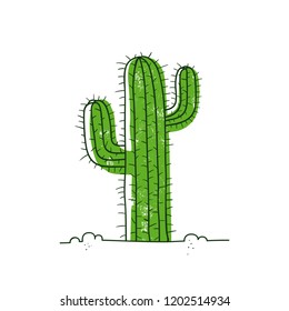 Cactus in desert. Vector hand-drawn cartoon style illustration isolated on white background. Can be used as a print on t-shirts, bags, stationery, posters, greeting cards