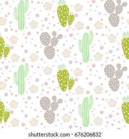 Cactus desert vector seamless pattern. Green and grey nature fabric print texture. Green mint cacti on white for wallpaper and textile apparel.