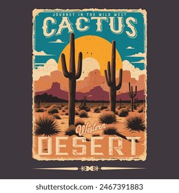 cactus desert vintage T-shirt print, Sunrise the Desert Vibes in Arizona, Desert vibes vector graphic print design for apparel, stickers, posters, background