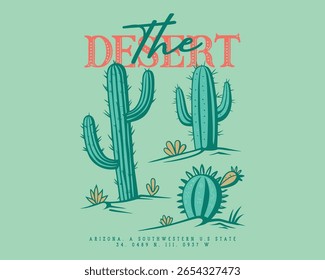cactus desert vintage T-shirt print, Sunrise the Desert Vibes in Arizona, Completely hand drawn desert print, tropical pattern in desert vibes, summer cactus, Outdoor western vintage hand drawing
