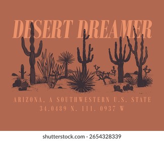 cactus desert vintage T-shirt print, Sunrise the Desert Vibes in Arizona, Completely hand drawn desert print, tropical pattern in desert vibes, summer cactus, Outdoor western vintage hand drawing