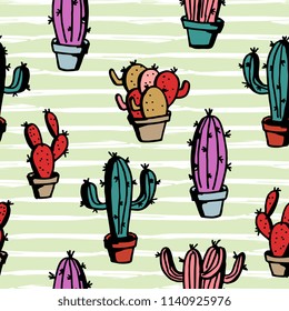 Cactus design with cute hand drawn style. Seamless pattern. Vector illustration pastel colorful background.