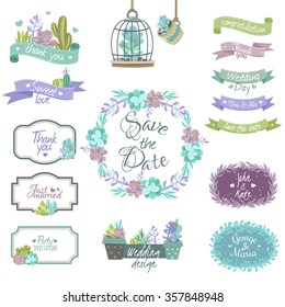 Cactus design elements for congratulations and wedding invitations flat isolated vector illustration 