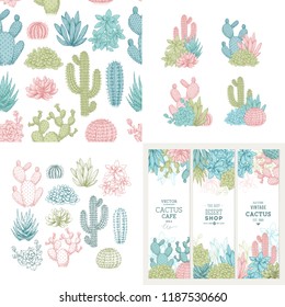 Cactus design kit. Sketchy style illustration. Banners, compositions, pattern. Succulent collection. 