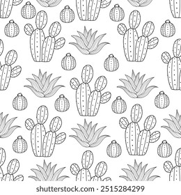 Cactus dessert line art seamless pattern background illustration
