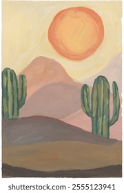 Cactus dessert sun boho hand drawn watercolour illustration