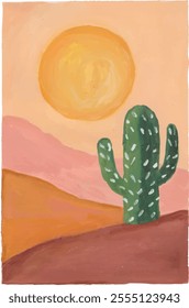 Cactus dessert sun boho hand drawn watercolour illustration