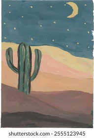 Cactus dessert sun boho hand drawn watercolour illustration
